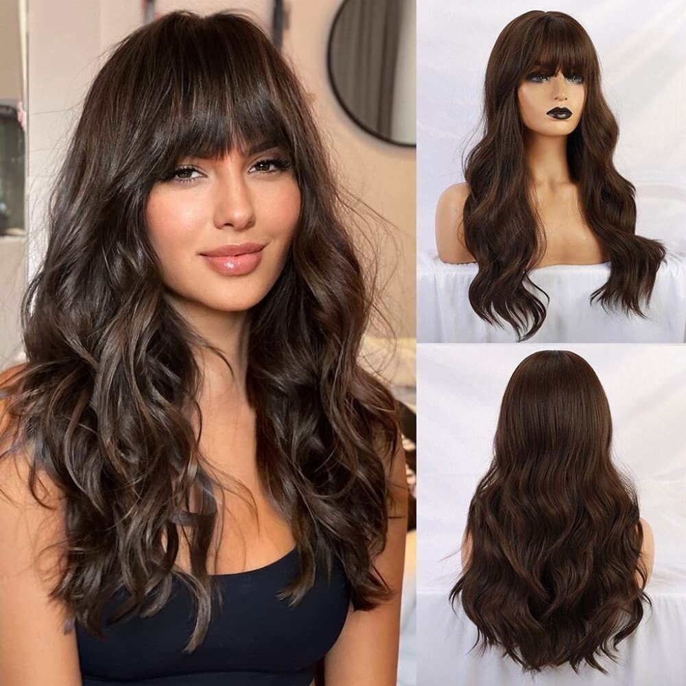 Wig with Bangs Long, Dark Brown